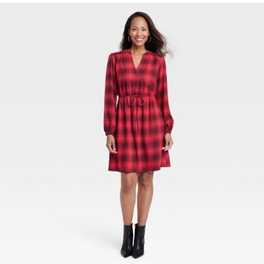 NWOT Women's Long Sleeve Plaid A-Line Dress - Knox Rose Red